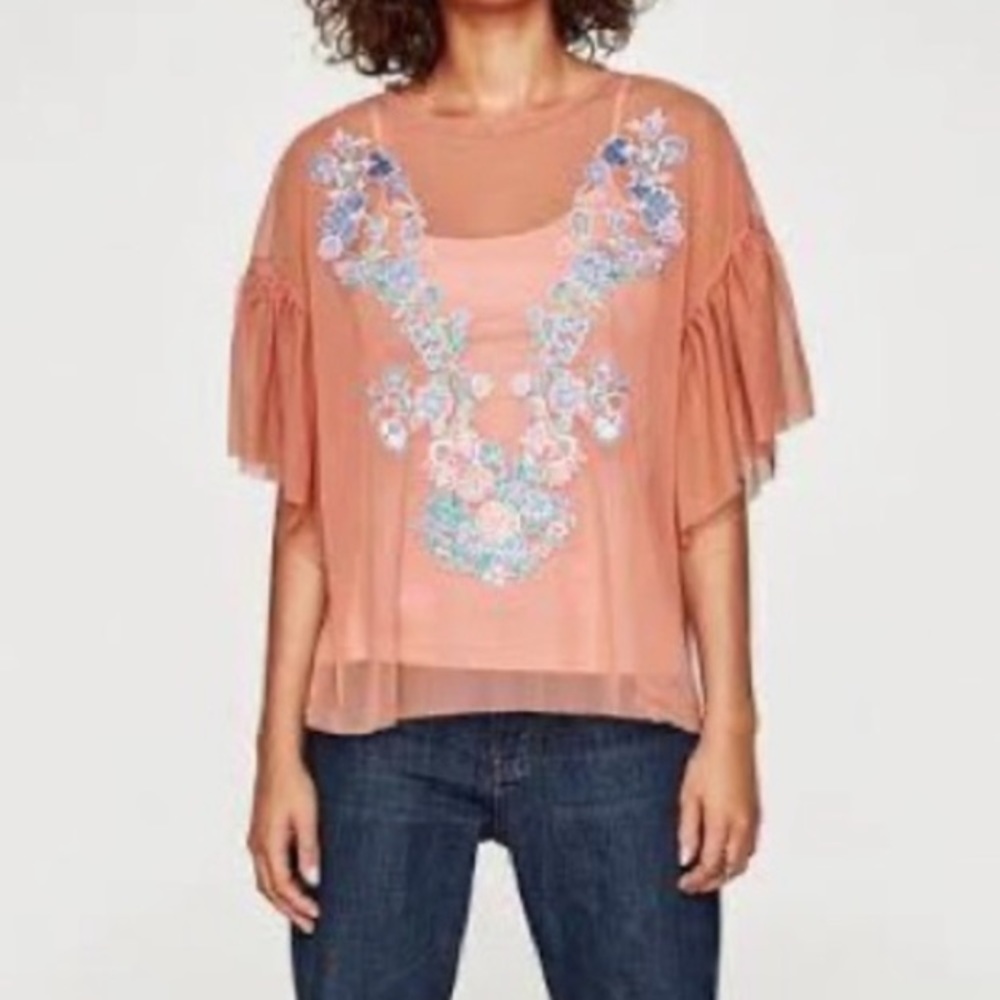 Zara Peach Tulle Mesh Embroidered Flutter Boho Blouse Size Small